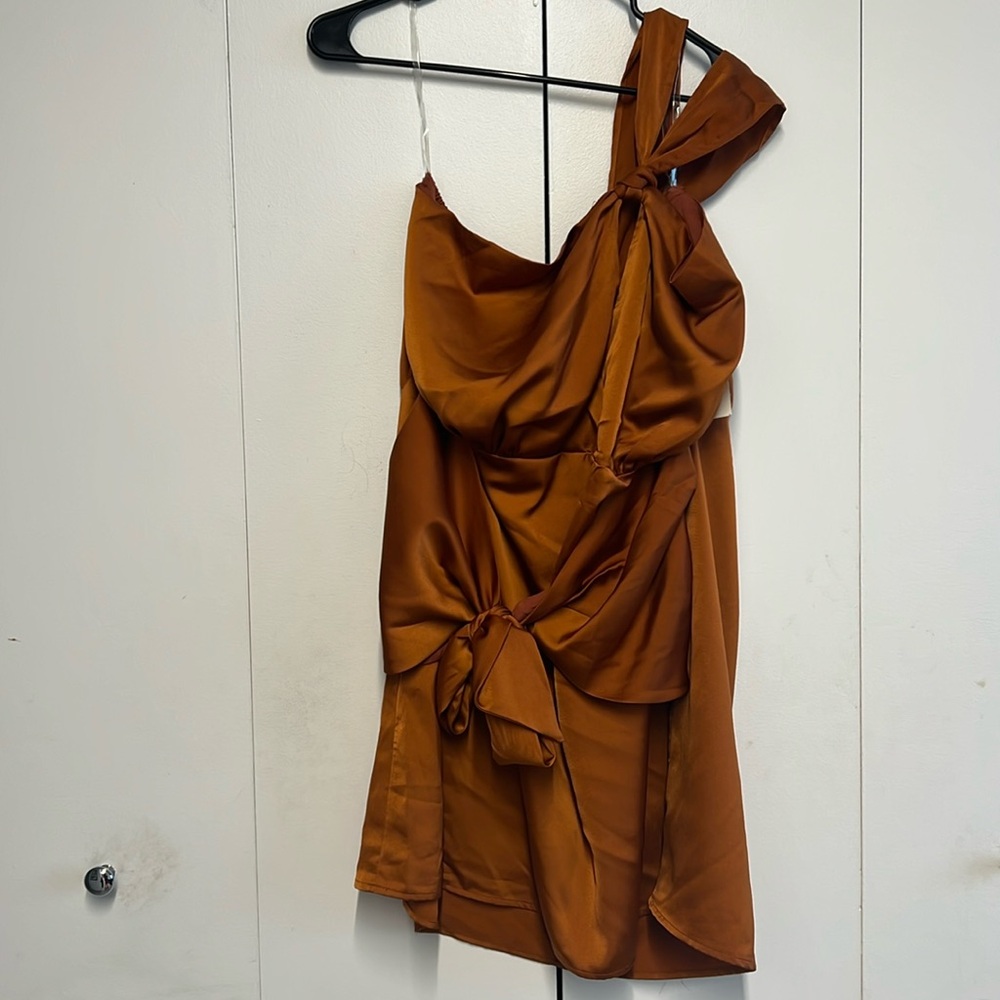 GIA Irl One shoulder bronze wrap dress